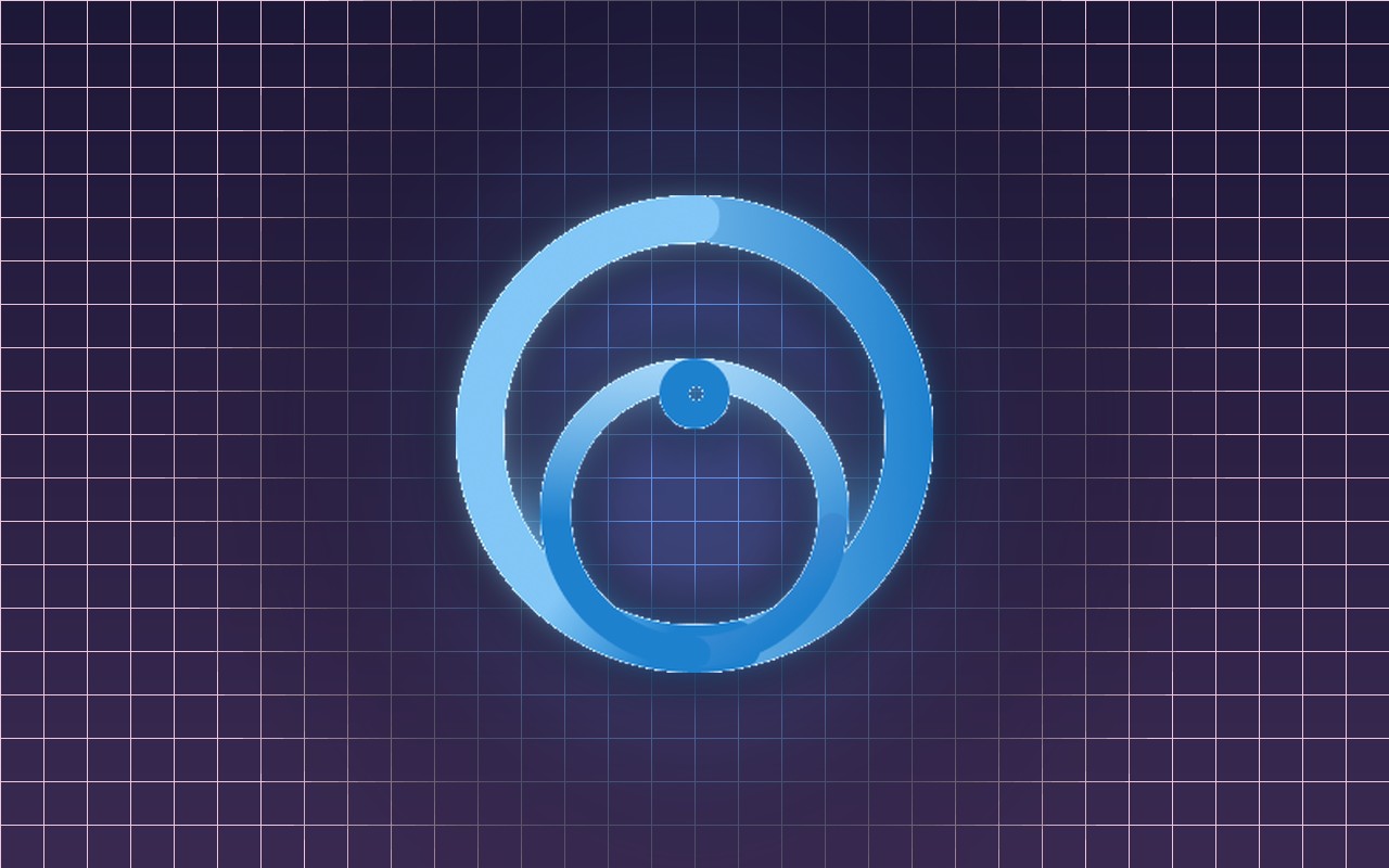 The GlucoGlow logo: two nested blue rings with a small sensor dot, glowing softly on a dark indigo display