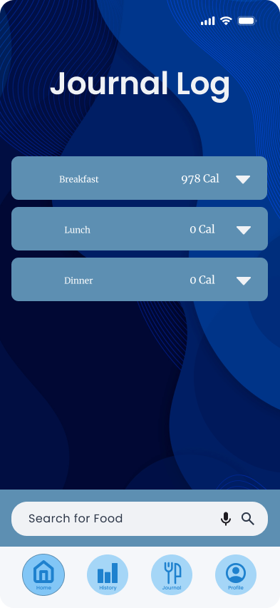 Journal Log screen with Breakfast, Lunch and Dinner rows, a food search bar, and the labeled navigation bar with a fork-and-knife Journal icon