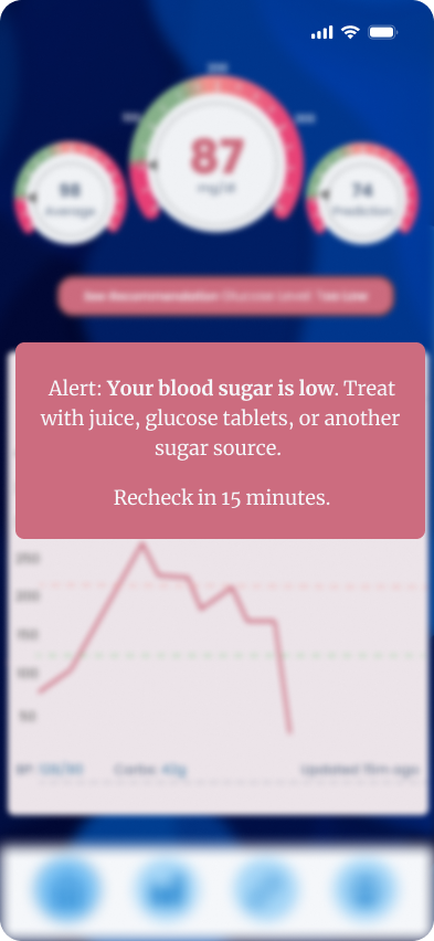 Alert over the dashboard: Your blood sugar is low. Treat with juice, glucose tablets, or another sugar source. Recheck in 15 minutes.