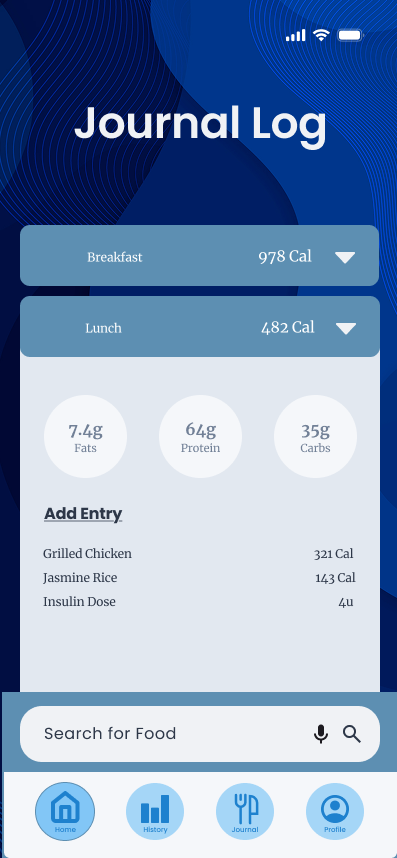Lunch entry expanded: 7.4g fats, 64g protein, 35g carbs; Grilled Chicken 321 Cal, Jasmine Rice 143 Cal, Insulin Dose 4u