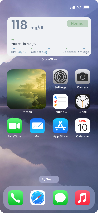 Home-screen widget: 118 mg/dL, Normal, You are in range