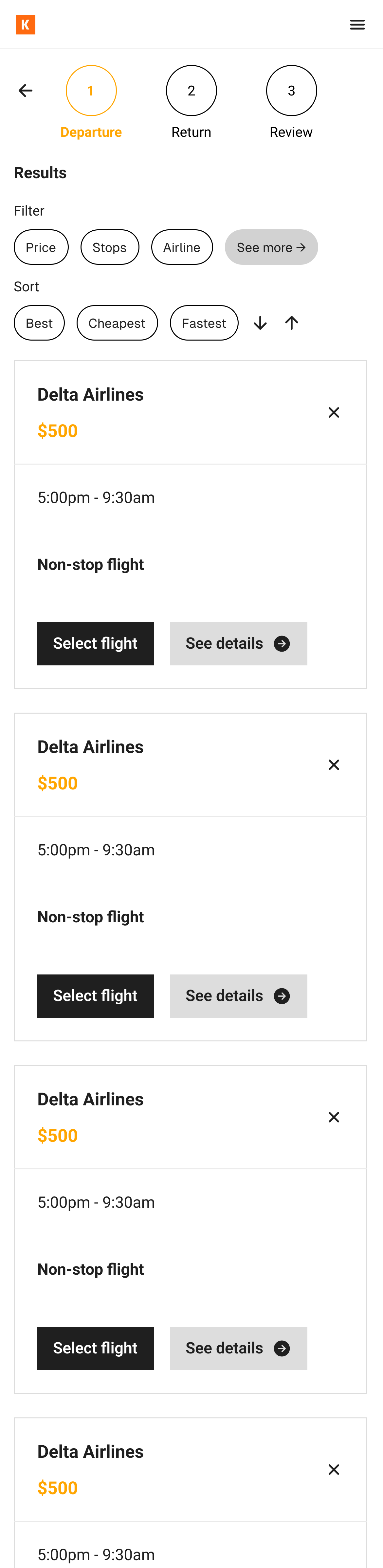 Departure selection wireframe: progress indicator with Departure active, then Return and Review; Filter chips Price, Stops, Airline and See more; Sort chips Best, Cheapest, Fastest; flight result cards with Select flight and See details