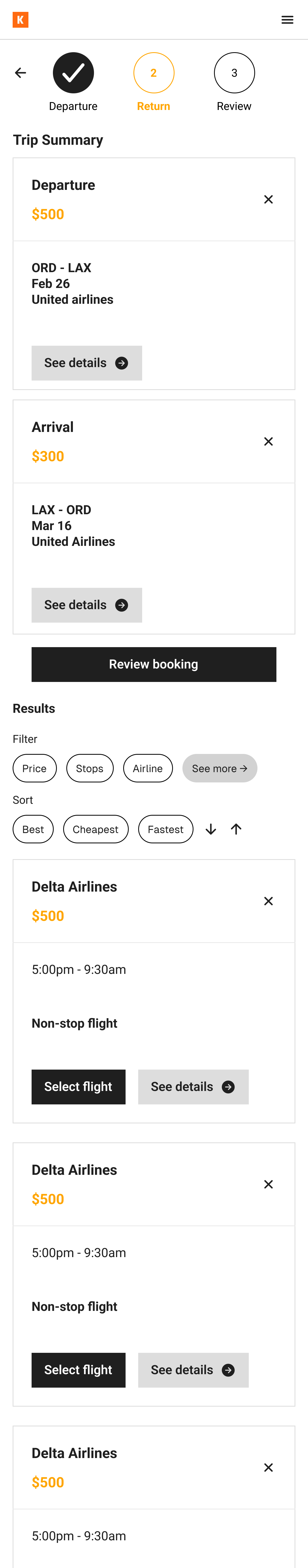 Return selection wireframe: Departure completed and Return active in the progress indicator; Trip Summary with the selected departure ORD to LAX and arrival LAX to ORD, each removable; Review booking button; return flight results with filters and sorting