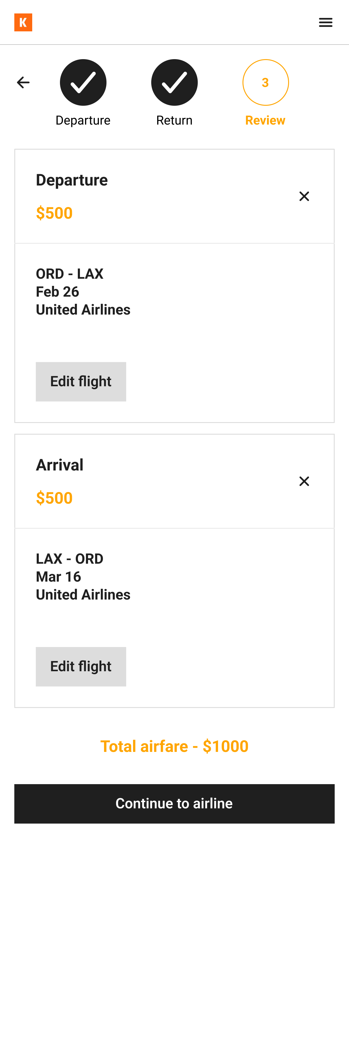 Booking review wireframe: Departure and Return completed, Review active; departure and arrival flight cards with Edit flight buttons; Total airfare $1000; Continue to airline button