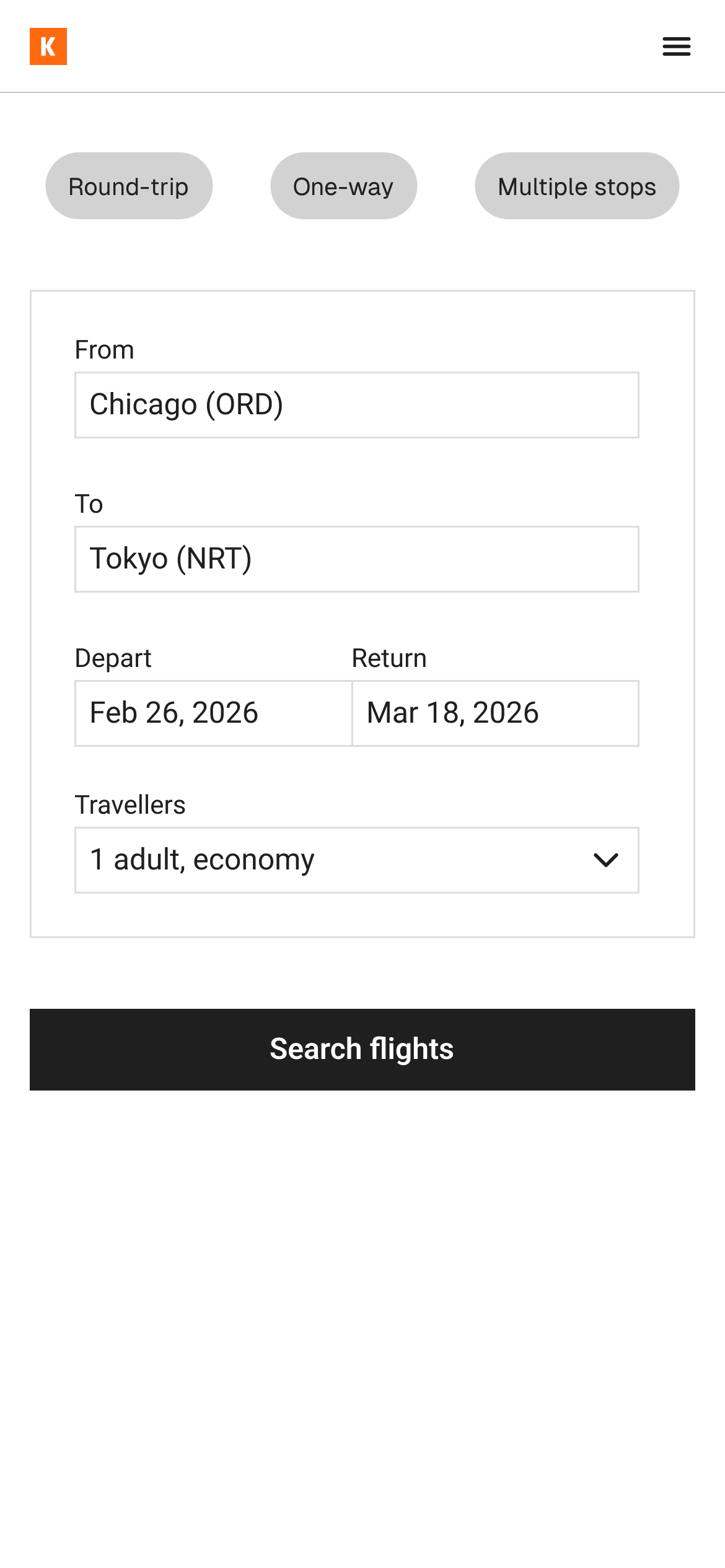 Flight search wireframe: Round-trip, One-way and Multiple stops options; From Chicago (ORD), To Tokyo (NRT); Depart Feb 26, 2026 and Return Mar 18, 2026; Travellers 1 adult, economy; Search flights button
